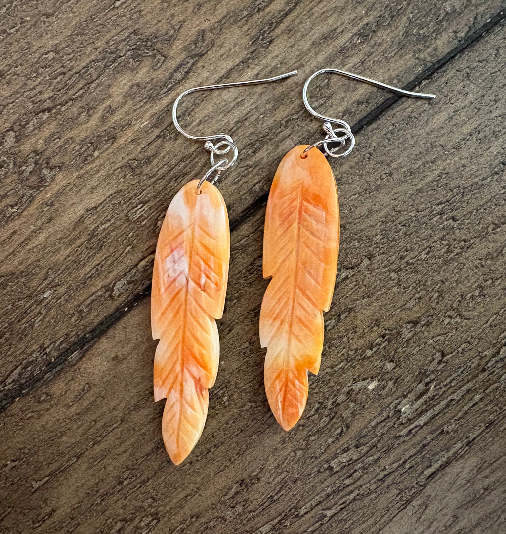 Orange Spiny Oyster Carved Feather Dangle Earrings