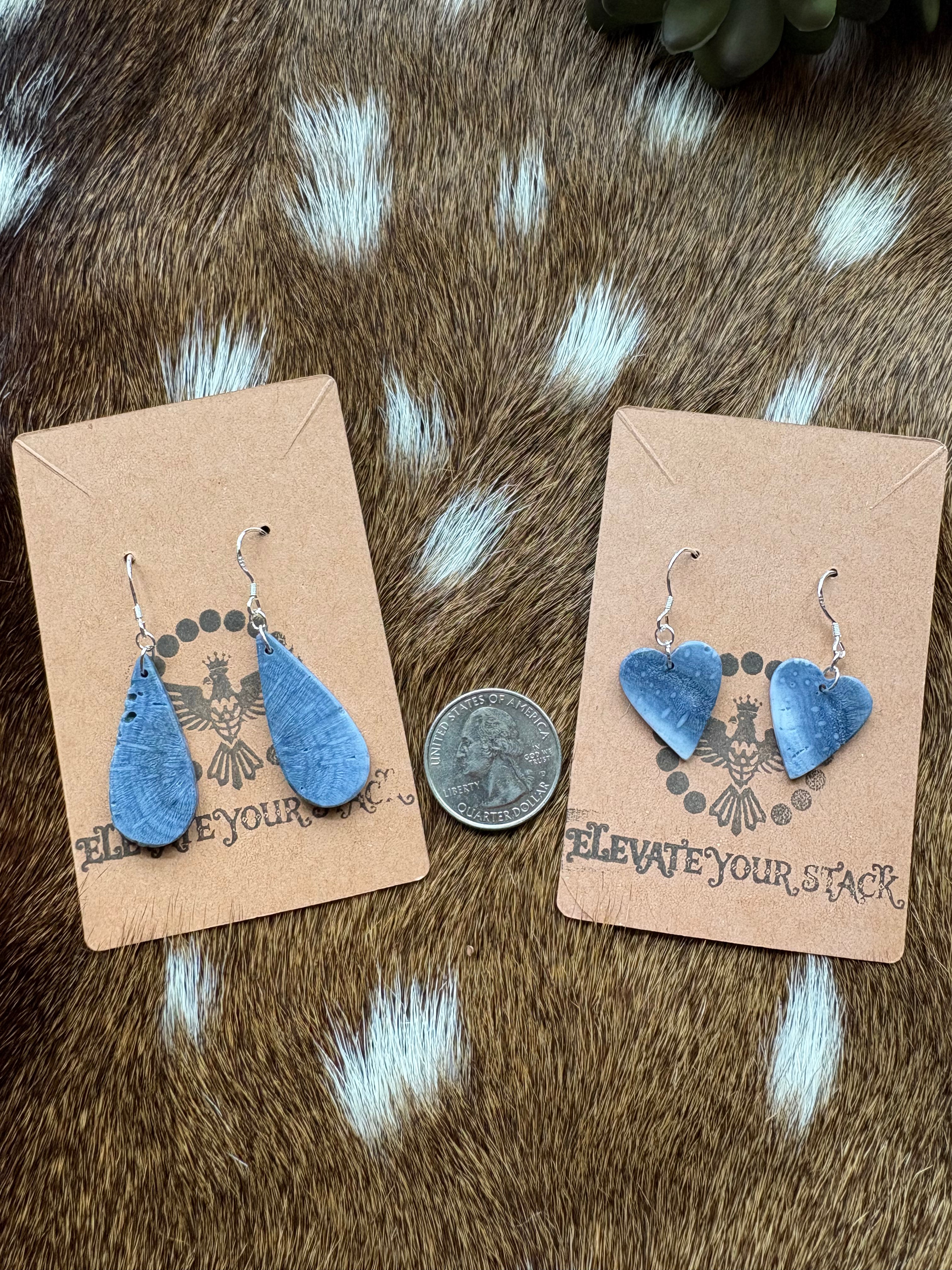Blue Sponge Coral Heart Dangle Earrings