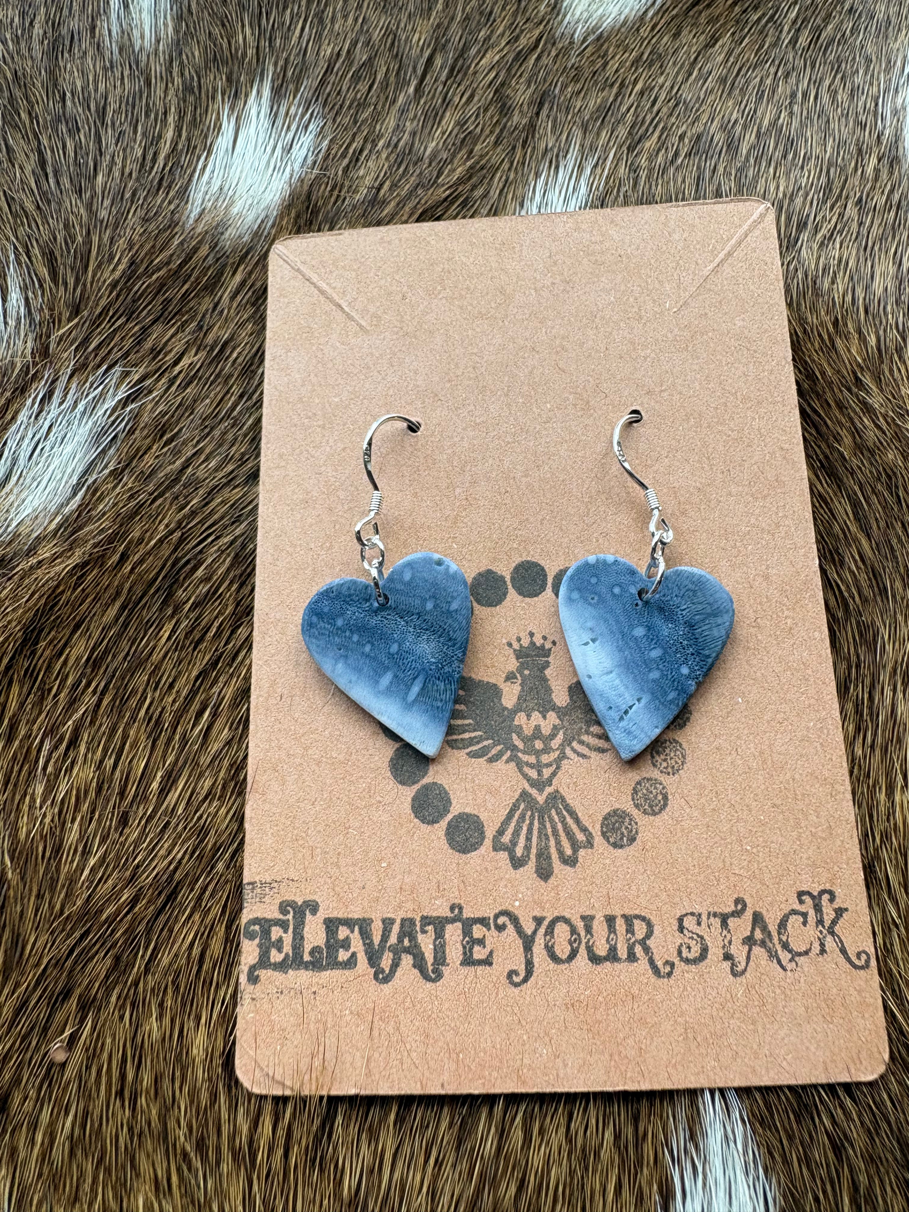 Blue Sponge Coral Heart Dangle Earrings