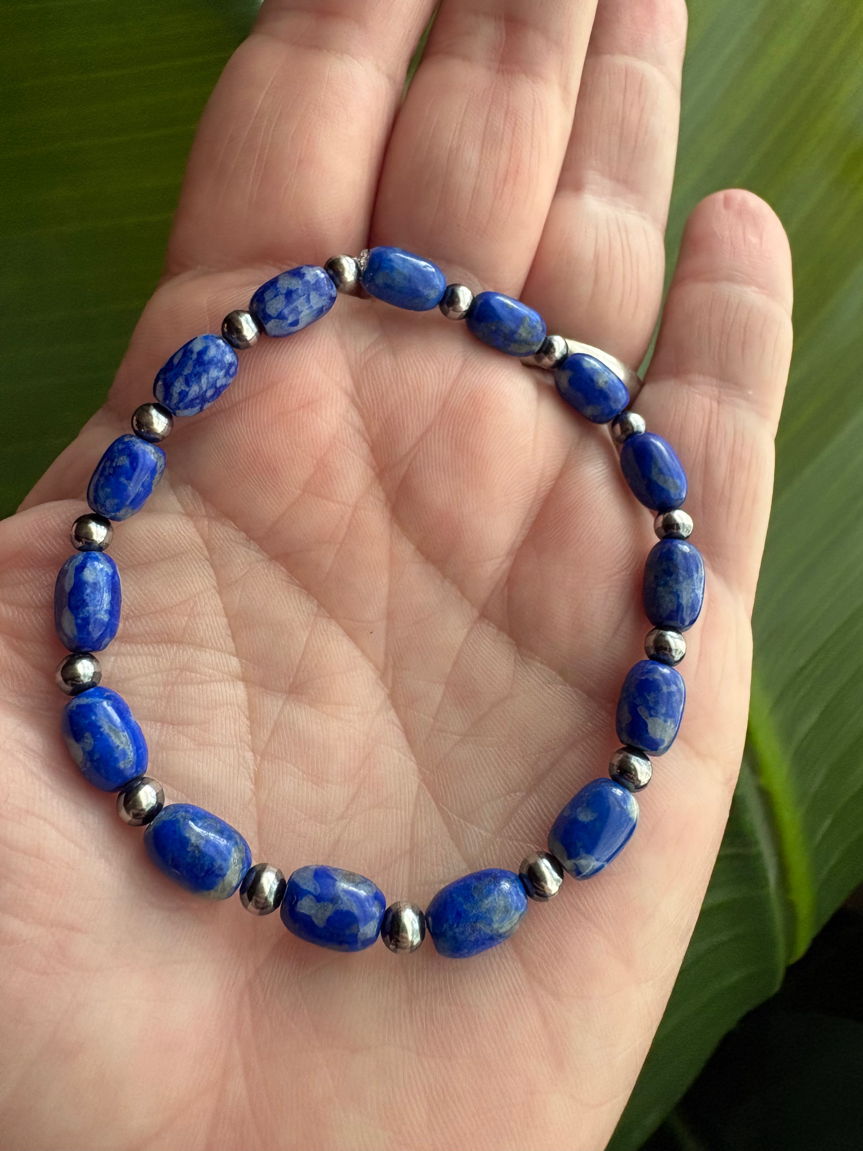 Blue Lapis Barrel & Pearl Bracelet