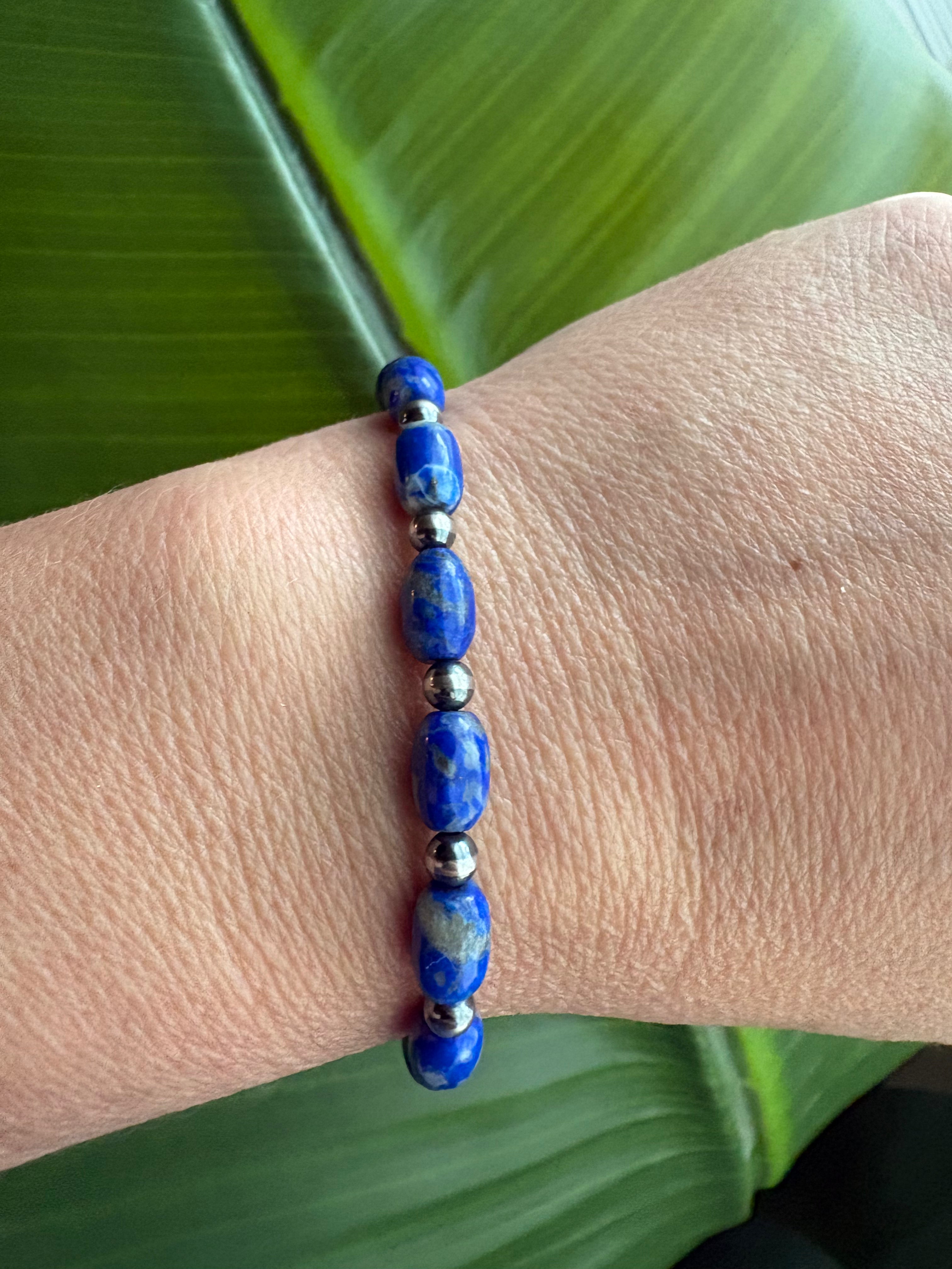 Blue Lapis Barrel & Pearl Bracelet