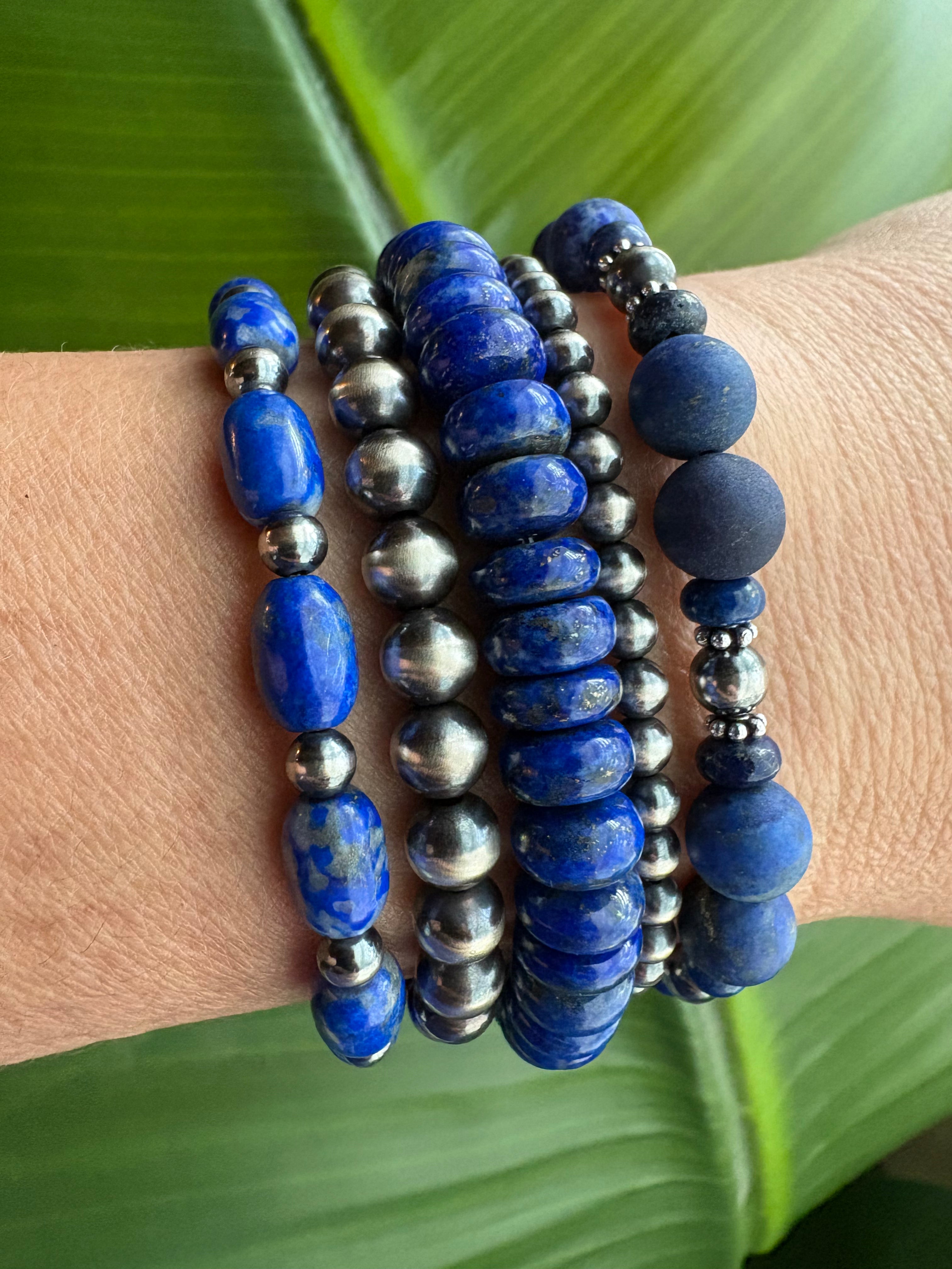 Blue Lapis Barrel & Pearl Bracelet