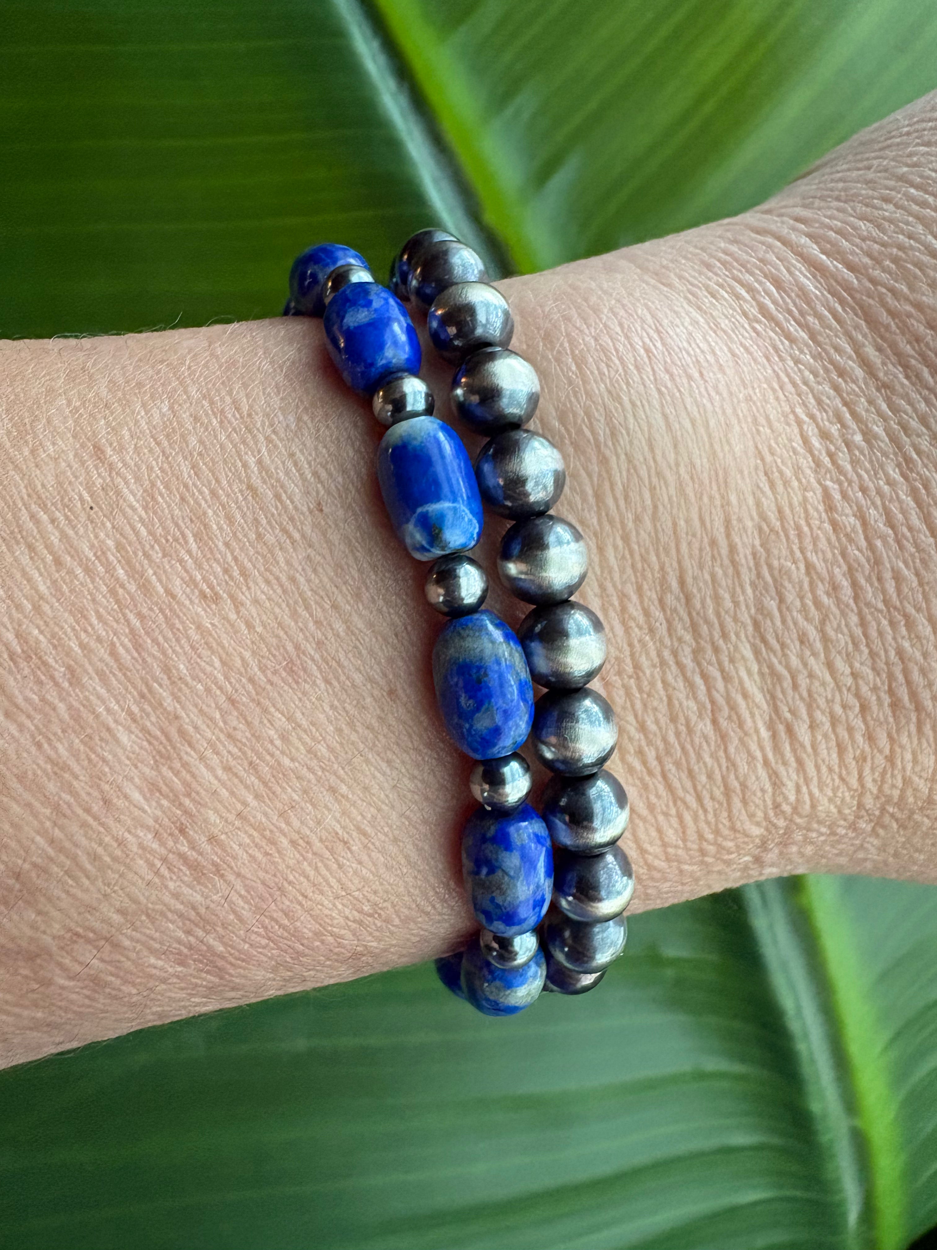 Blue Lapis Barrel & Pearl Bracelet