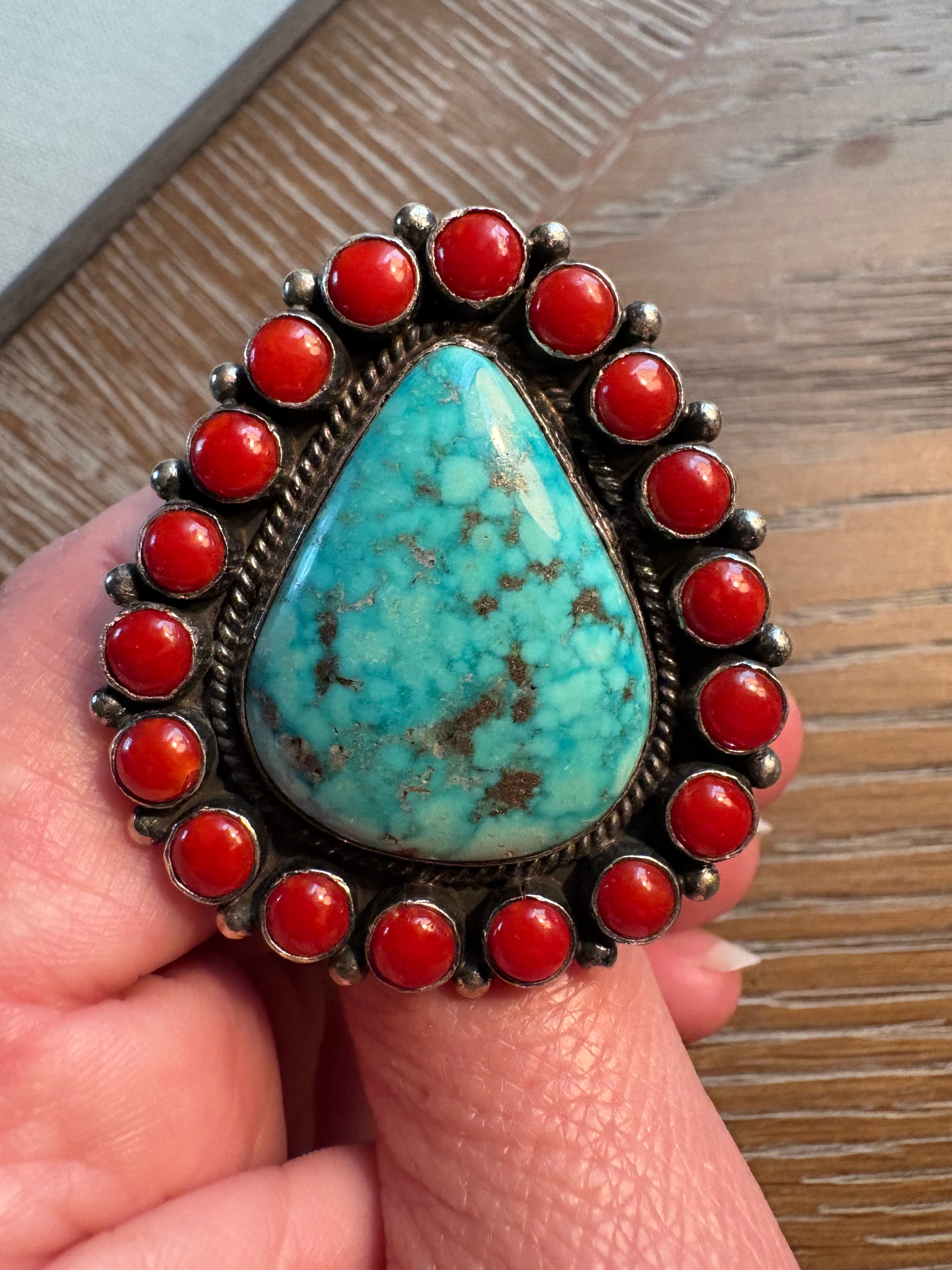 Tyler Brown High Grade Kingman Web and Coral Ring-size 8.75
