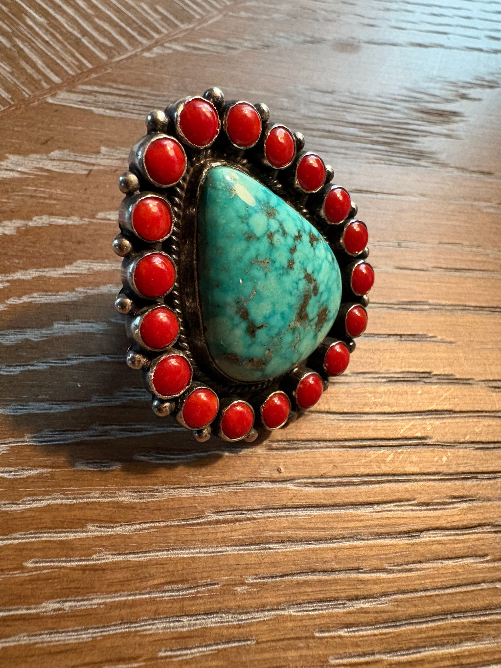 Tyler Brown High Grade Kingman Web and Coral Ring-size 8.75