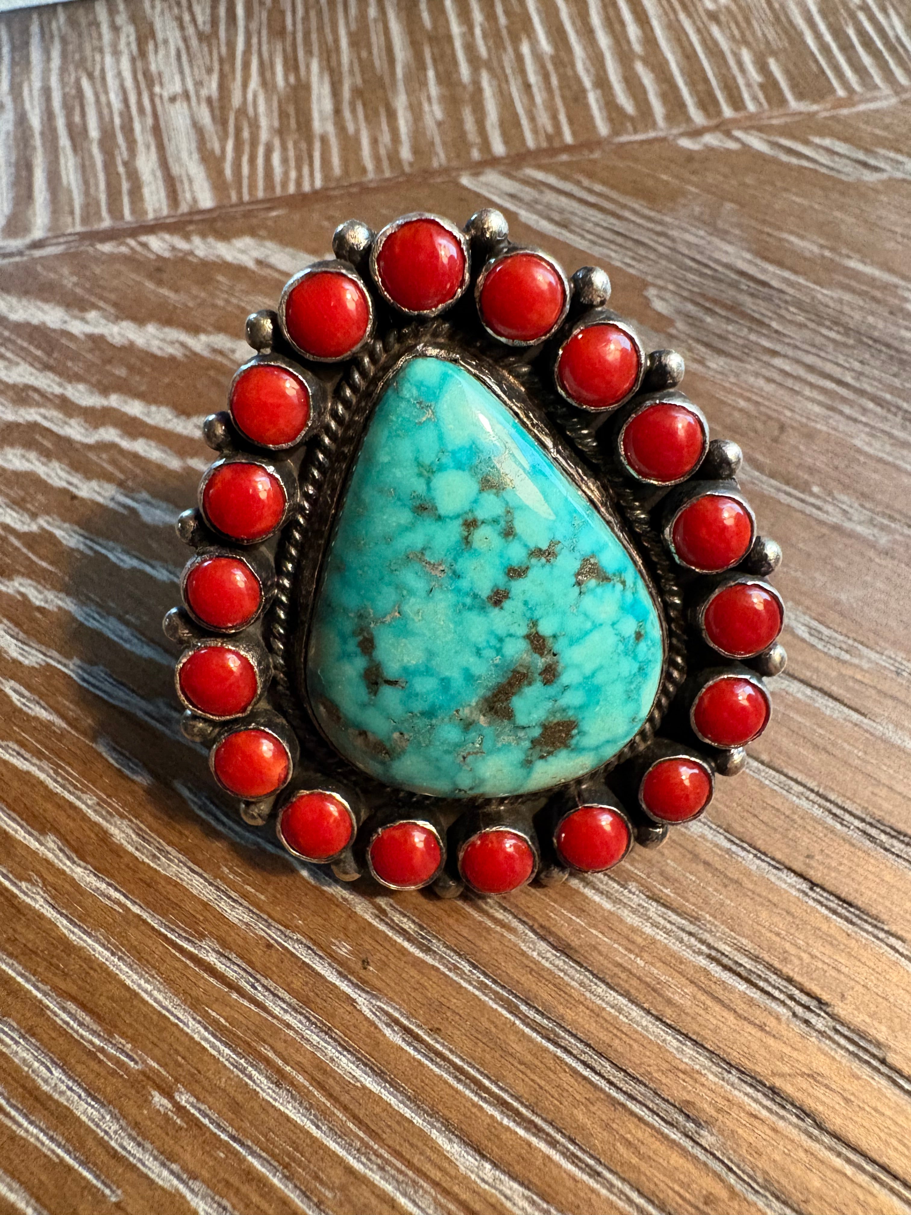 Tyler Brown High Grade Kingman Web and Coral Ring-size 8.75