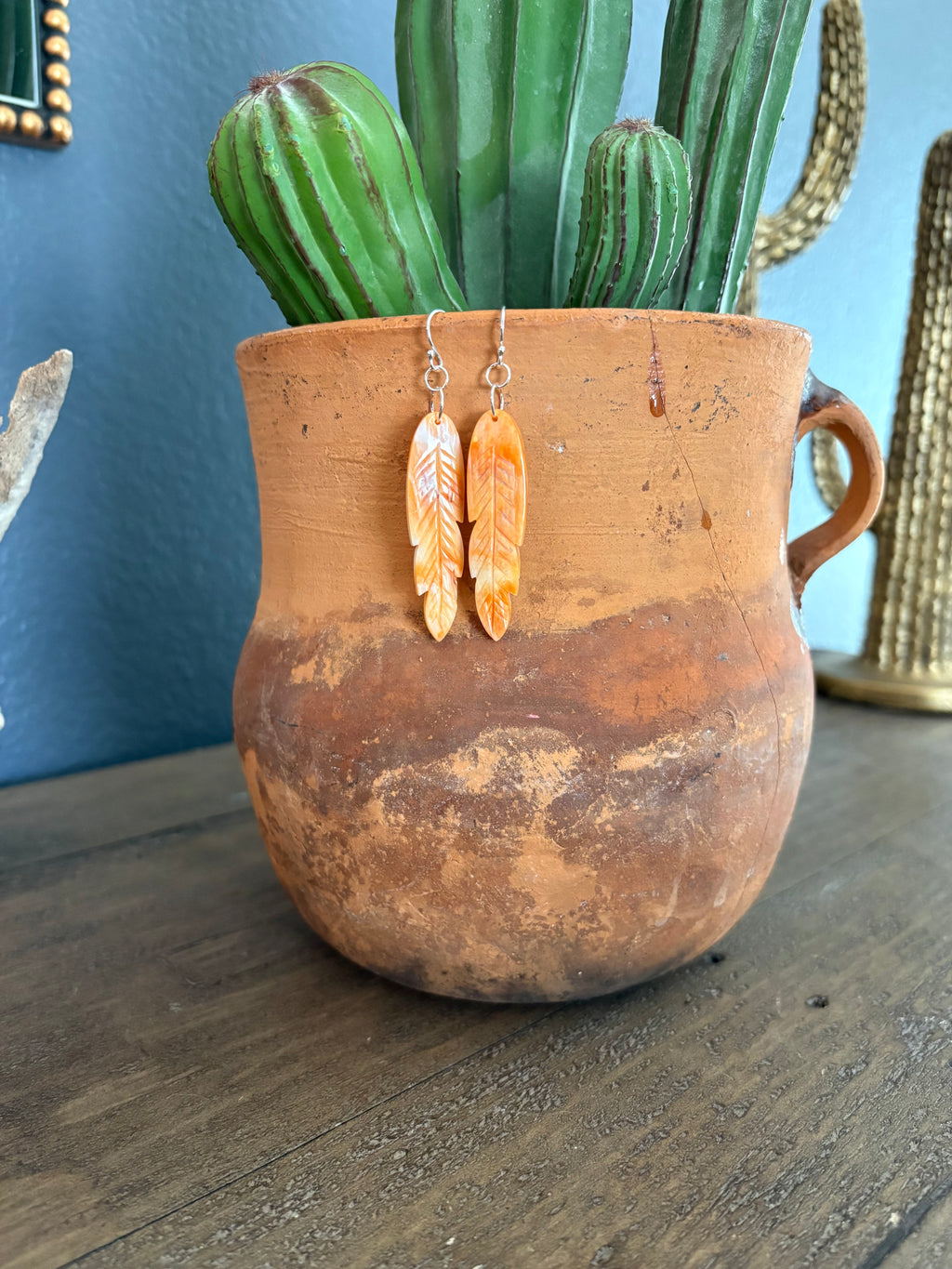 Orange Spiny Oyster Carved Feather Dangle Earrings