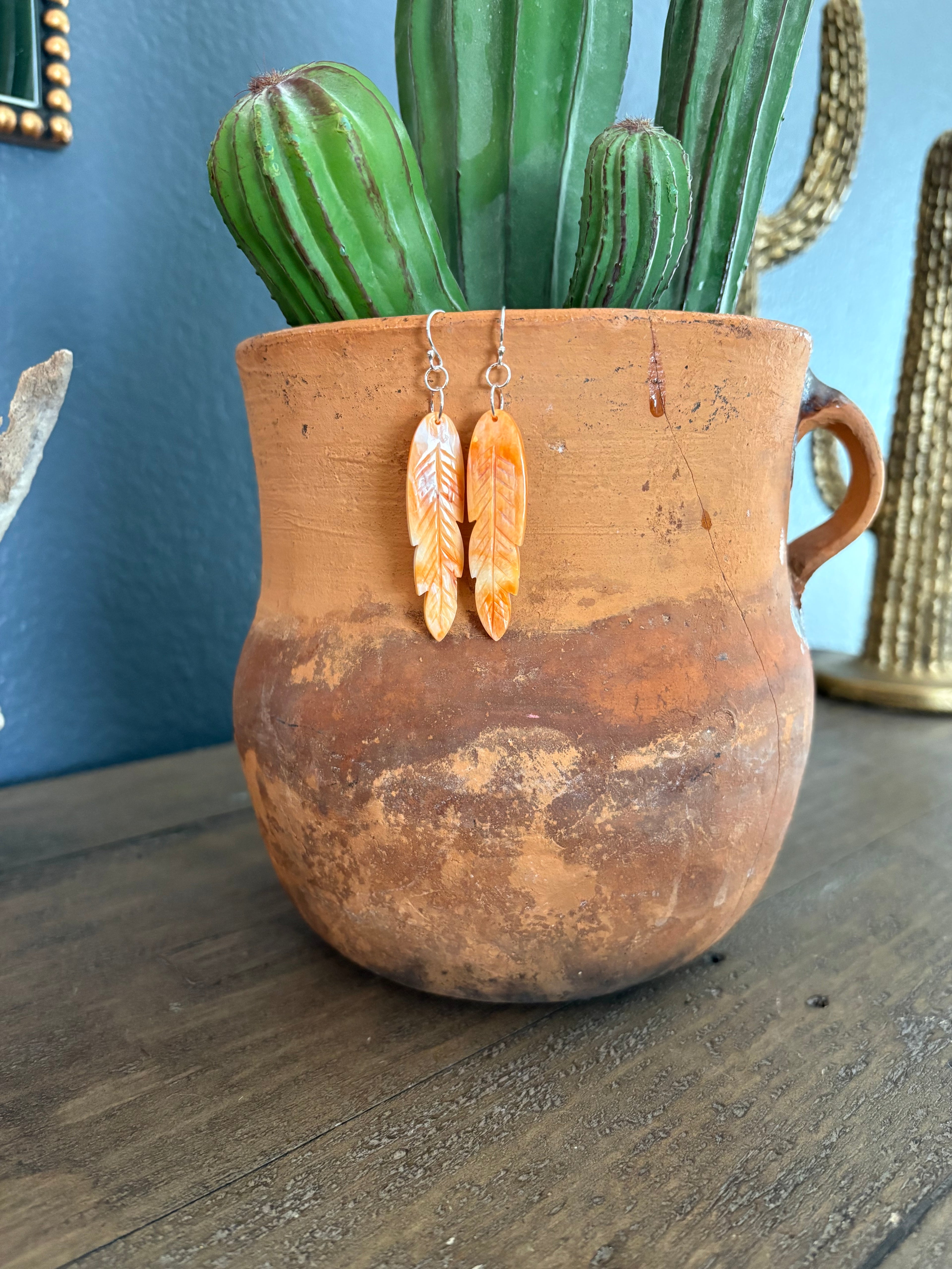 Orange Spiny Oyster Carved Feather Dangle Earrings