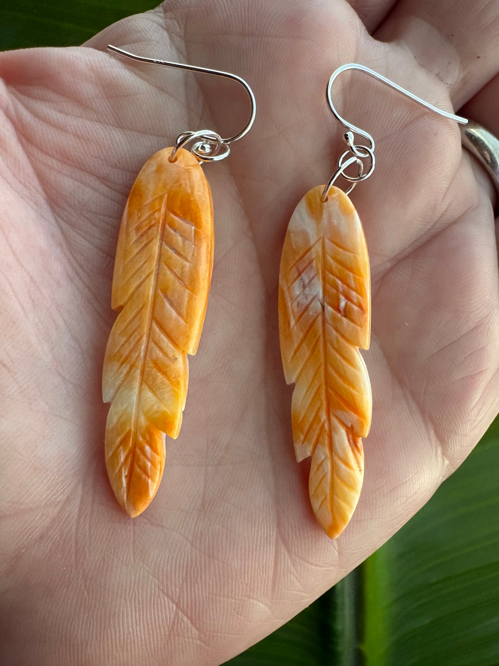 Orange Spiny Oyster Carved Feather Dangle Earrings