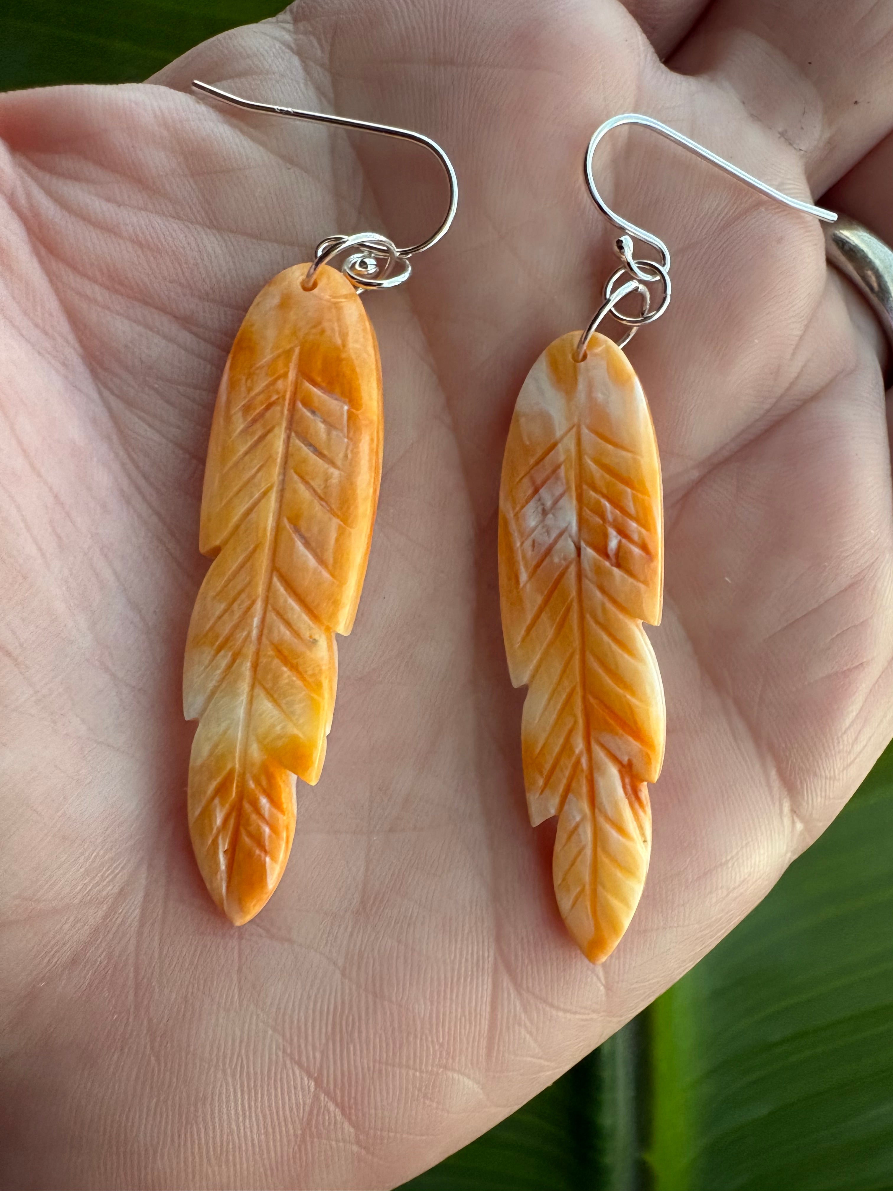 Orange Spiny Oyster Carved Feather Dangle Earrings