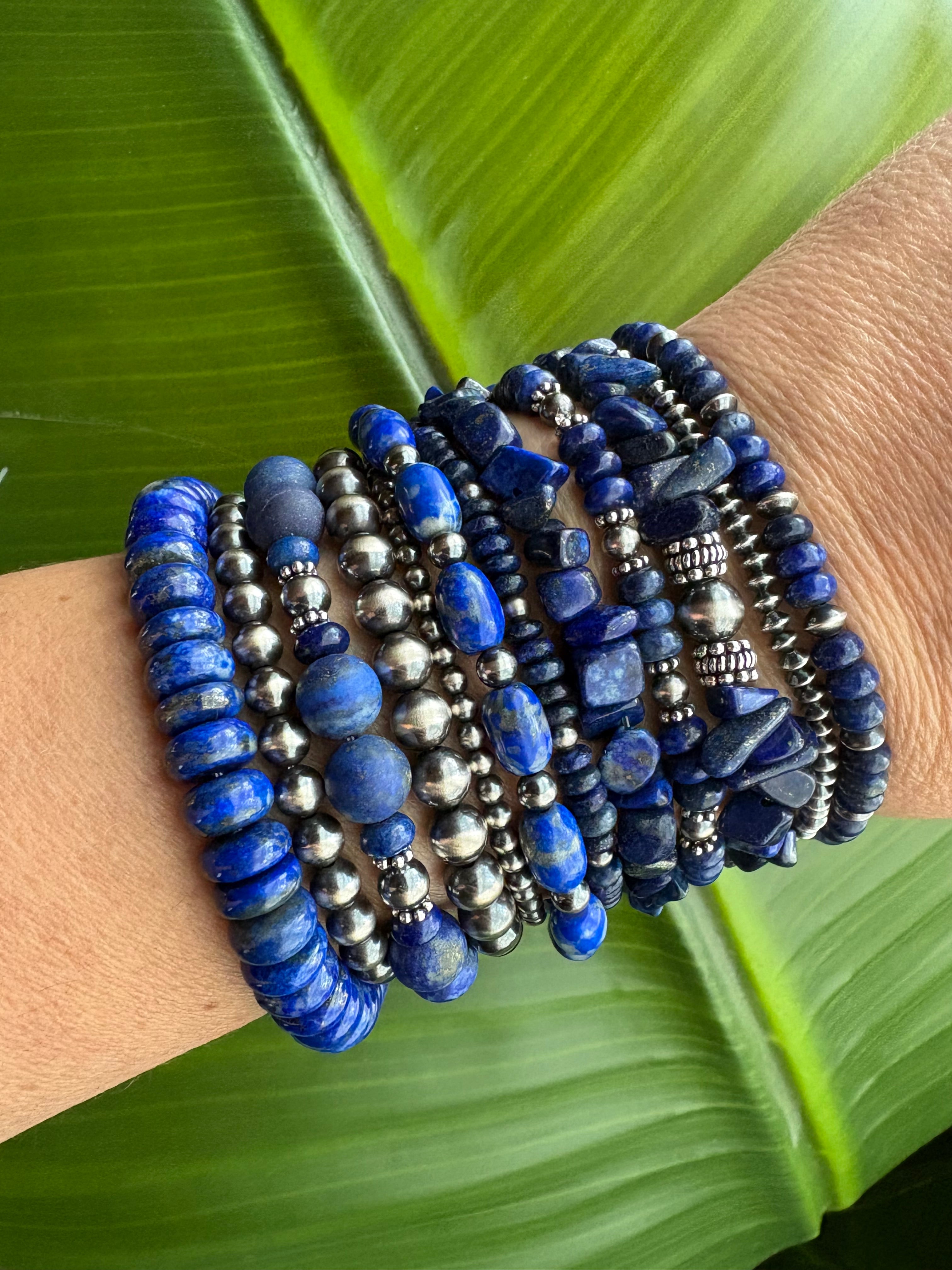 Blue Lapis Barrel & Pearl Bracelet